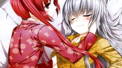 Red eyes pajamas blush long hair anime girls closed eyes gray 