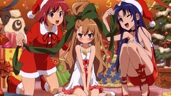 Red eyes Ribbons Christmas trees blue hair long hair anime 