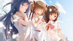 Red eyes Ribbons skirts blush blue hair long hair anime girls 