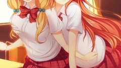 Red eyes schoolgirls blondes skirts blush long hair anime girls 