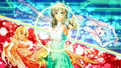 Red eyes skirts blue hair long hair anime girls brown eyes 