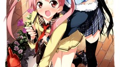 Red eyes skirts blush pink hair smiling anime girls seifuku 