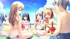 Red eyes watermelons Beaches blondes blue hair long hair anime 