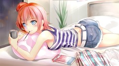 Red love Anime artist Shorts pink hair anime girls blue eyes 