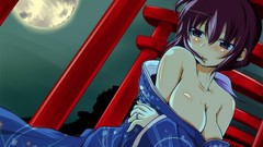 Red moon Anime kimono blush anime girls short hair bangs 
