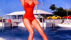 Red pinups swimsuits water