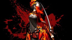 Red woman Anime Warriors Swords closed eyes black hair cleavage 