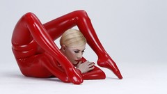 Red woman white background latex blondes red lipstick flexible 