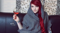 Red woman wine glass tattoos couch long hair