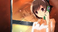 Reflections anime girls brunettes short hair phones game cg 
