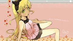 Ribbons anime girls green eyes yellow hair