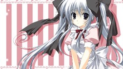 Ribbons anime girls waitress gray hair violet eyes twintails 