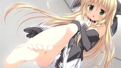 Ribbons blondes blush long hair barefoot anime girls green eyes 