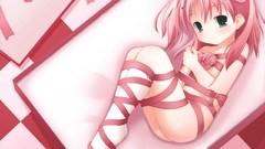 Ribbons blush pink hair green eyes short hair bondage to heart 