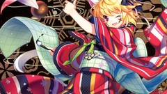 Ribbons kimono blondes pink eyes anime girls short hair wink 