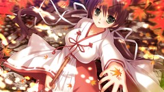 Ribbons long hair green eyes brunettes mikeou miko twintails