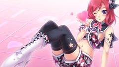 Ribbons sitting anime girls boots blue eyes wink redheads love 