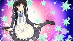 Ribbons sitting blush long hair anime girls braids black hair 