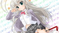 Ribbons skirts crowbar anime girls green eyes school uniforms 