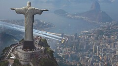 Rio de Janeiro statue christ the redeemer contrails aerial view