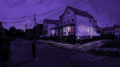 Roads silhouettes houses street lights roman numerals artwork 