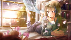 Room Books beds Ribbons curtains anime girls brown eyes green 