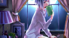 Room Books sitting shirts indoors short hair vocaloid silver 