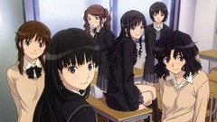 Room chairs Class sitting schoolgirls school bows desks skirts 