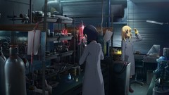 Room dark laboratory coat blondes long hair gray eyes anime 