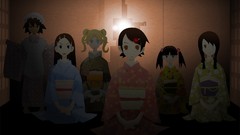 Room dark lights red eyes sitting kimono blondes long hair 