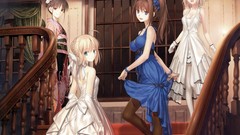 Room dress saber red eyes gloves kimono bows blondes bracelets 