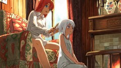 Room fire windows brush paintings white hair sitting shirts 