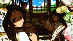 Room food anime girls closed eyes brunettes classroom school 