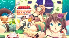 Room food cherries cakes blondes long hair anime girls blue 