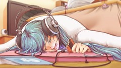 Room food headphones sleeping Tables wires long hair anime 