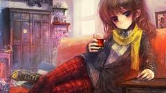 Room glass eyes weapons drinks pants couch scarfs long hair 