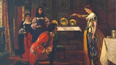 Room Men woman paintings Swords classical artwork kneeling