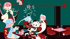 Room tea cafe dress hats gap Chibi ghosts white hair drinks 