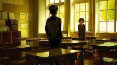 Room windows chairs hats schoolgirls school desks anime girls 