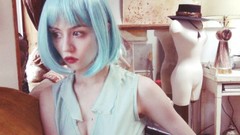 Room woman blue hair blue eyes models cleavage bob cut Allison 