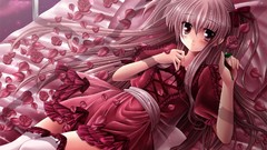 Roses beds red dress anime girls rose petals