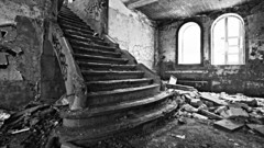 Ruins decay stairways grayscale