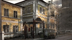 Ruins streets cars crow