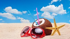 Sand coconut starfish Beaches sunglasses straws blue skies