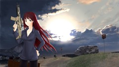 Sand grass sun Aircraft weapons Guns Helicopters Anime red eyes 