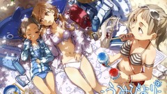 Sand ice cream eating anime girls lying down bikini Straw Hat 