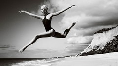 Sand jump black and white woman ballet Beaches dancing bikini 
