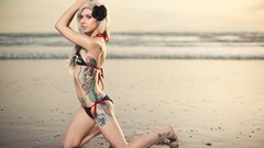 Sand Sea ocean woman swimming Beaches blondes tattoos lingerie 