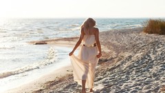 Sand Sea woman Beaches blondes white dress models see-though 