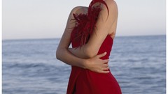 Sand water red dress Actress blondes charlize theron green eyes 